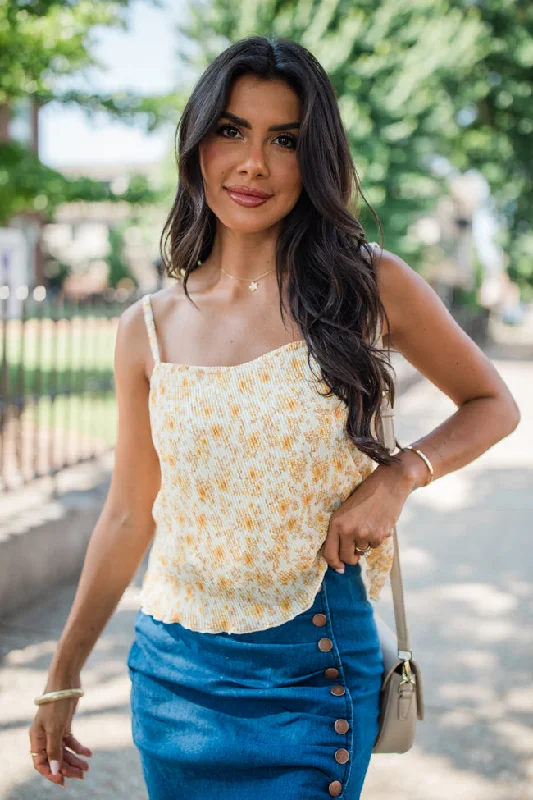 Go With Me Ivory And Mustard Plisse Floral Tank