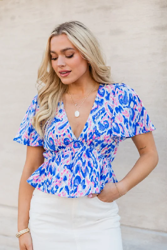 Snagged Your Attention Blue Short Sleeve Printed Top