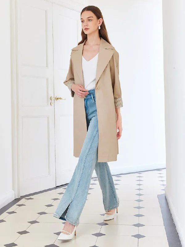 Khaki Striped Women Trench Coat With Belt