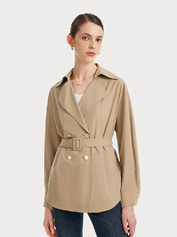 Machine Washable Silk And Woolen Short Women Trench Coat With Belt