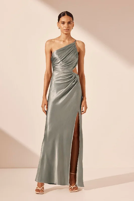 LA LUNE ASYMMETRICAL GATHERED MAXI DRESS - SAGE