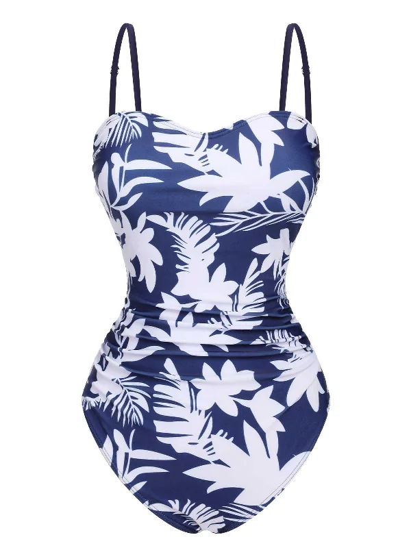 1960s Spaghetti Strap Plants Solid One-Piece Swimsuit