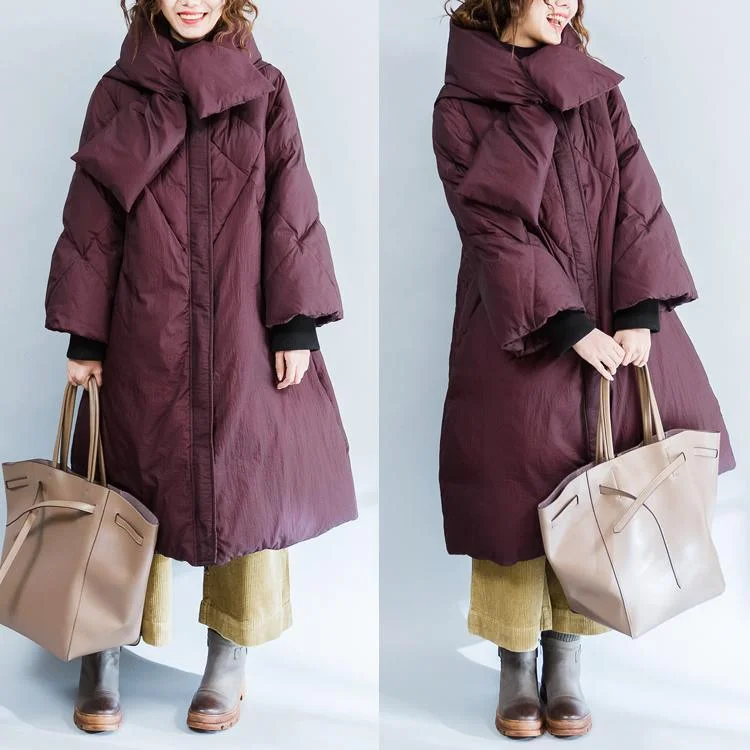 2017 burgundy down coat casual zippered down coat New hooded winter outwear