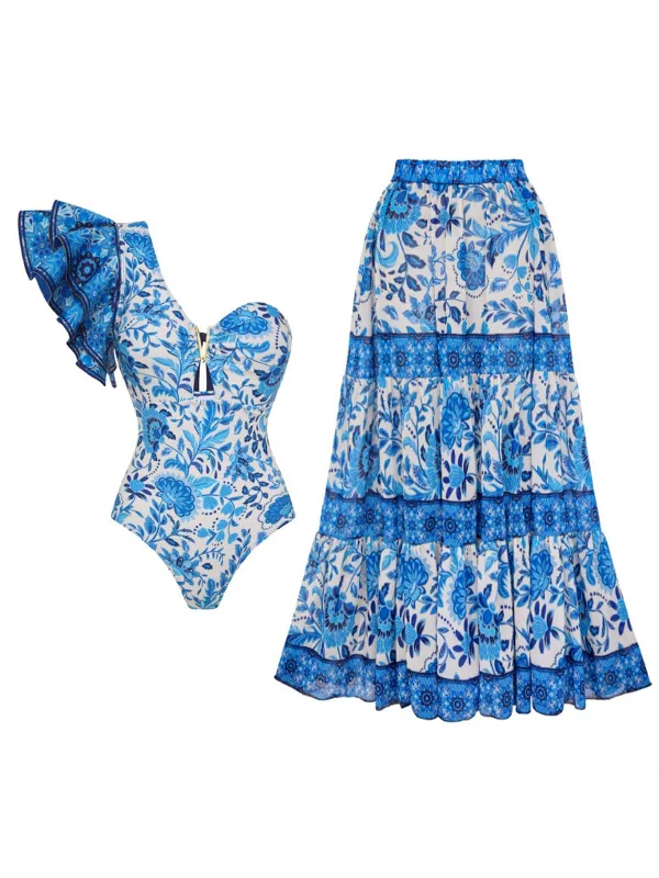 2PCS Blue 1950s One-Shoulder Print Swimsuit & Cover-Up