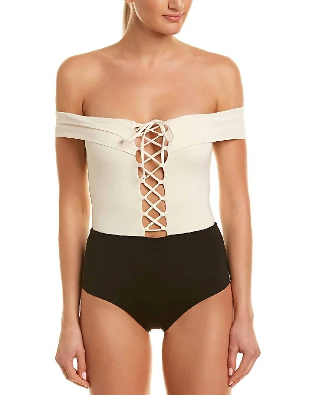 Anja Off The Shoulder Lace Up Tie One-Piece Swimsuit In Cream/black