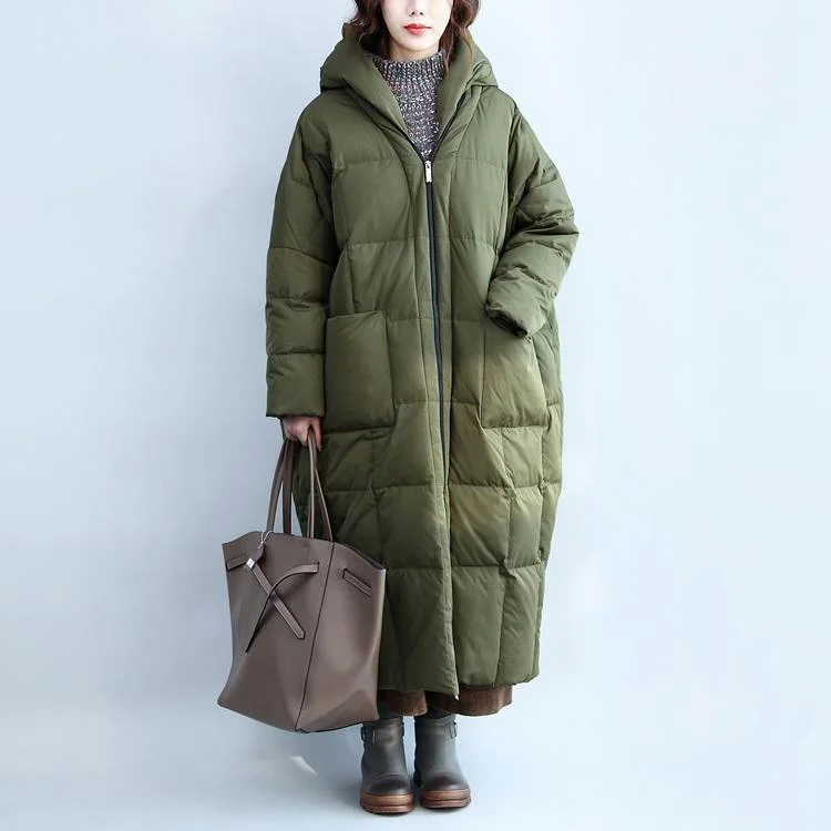 Fine Army Green Down Overcoat Plussize Hooded Parkas Casual Zippered