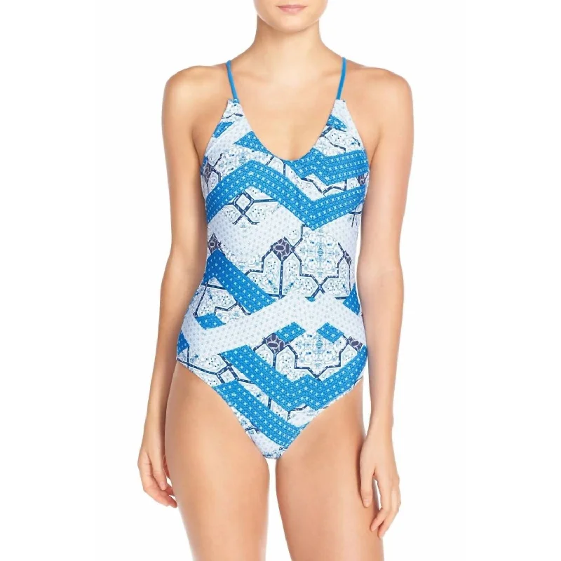 Geometric Print One-Piece In Indigo Waters Blue