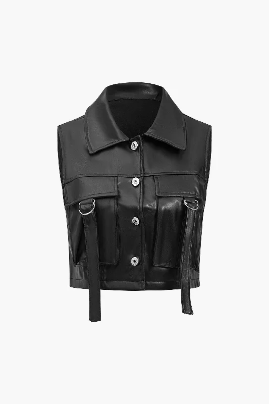 Solid Faux Leather Pocket Vest