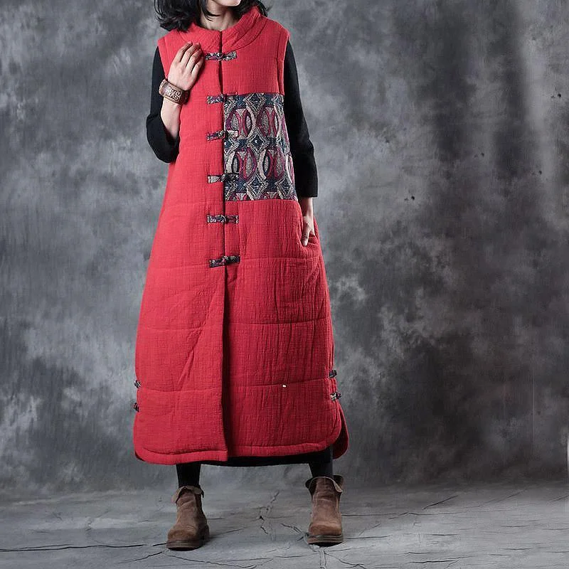 New red down overcoat oversize Chinese Button Parka thick pockets Sleeveless cotton outwear