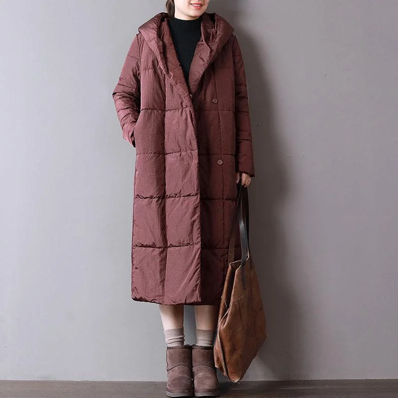 Warm burgundy women parka plus size clothing hooded Casual pockets Button Down winter coats