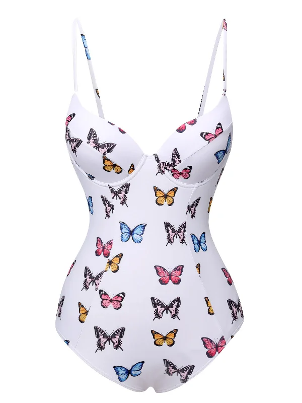 White 1970s Butterfly Strap One-Piece Swimsuit