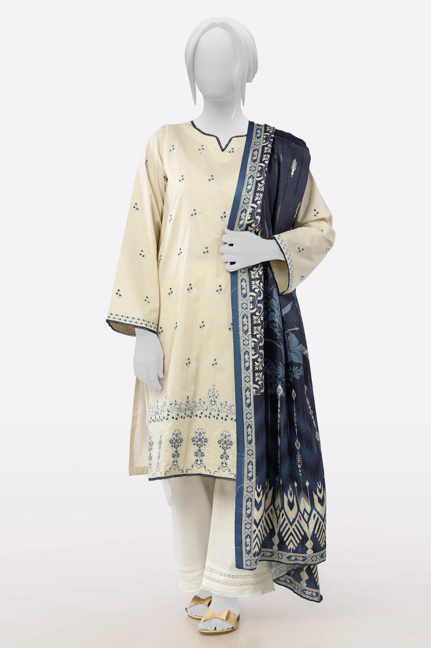 Ivory Embroidered Kurti With Dupatta