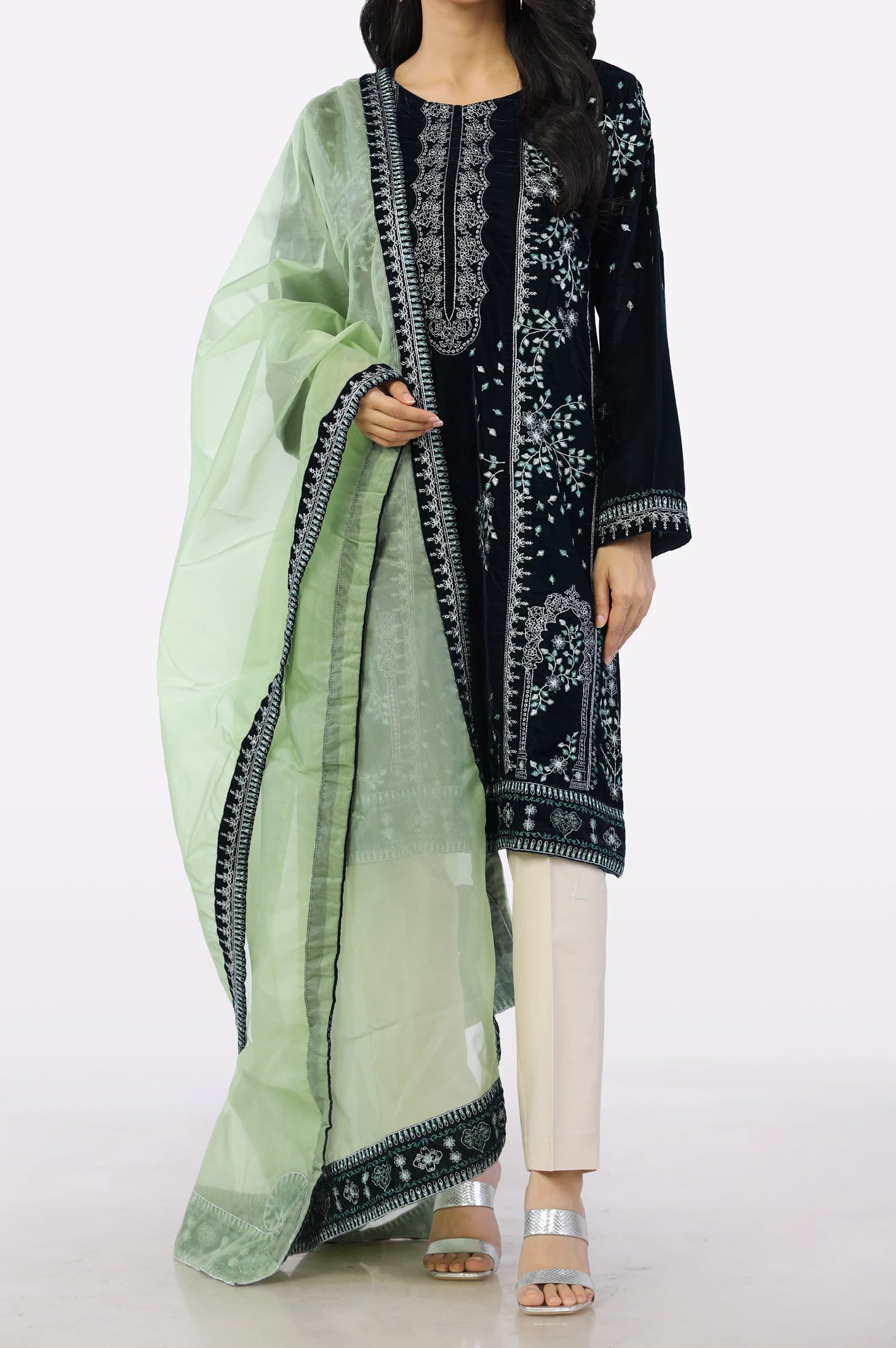 Teal Embroidered Kurti With Dupatta