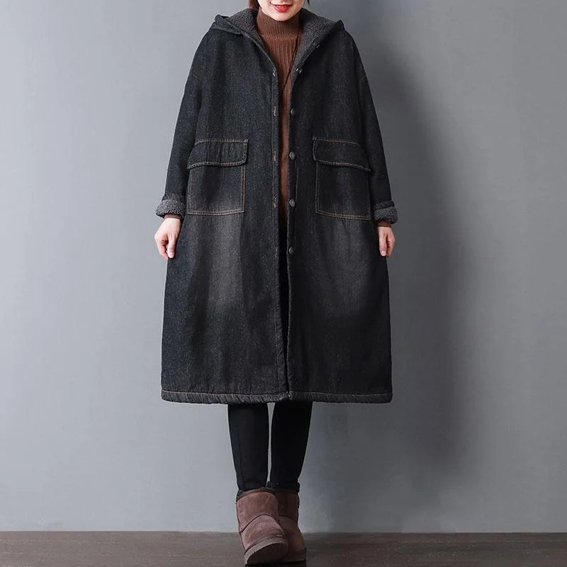 women denim black parkas oversized hooded warm winter coat Warm pockets thick outwear